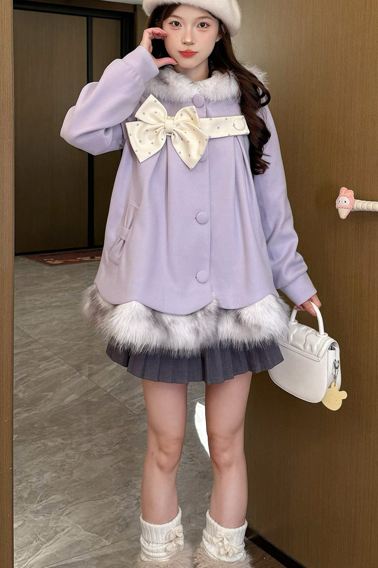 Amethyst Long-Sleeve Fur-Trim Polka-Dot Hooded Coat