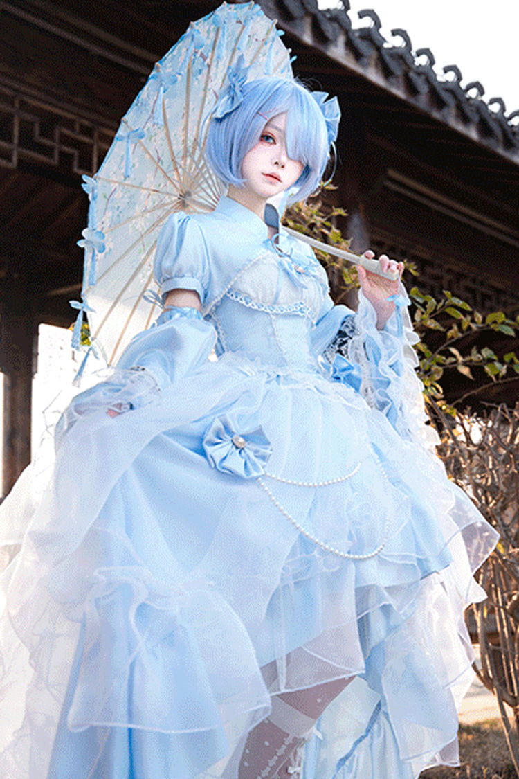 Cerulean and Ivory Porcelain Printed Ruffled Bow Lace High-Low Sweet Plus Size Lolita JSK Long Version
