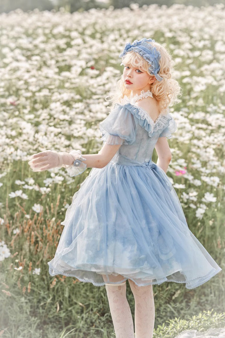 Blue Planet Butterfly Printed Ruffled Sweet Lolita Dress - High-Waisted