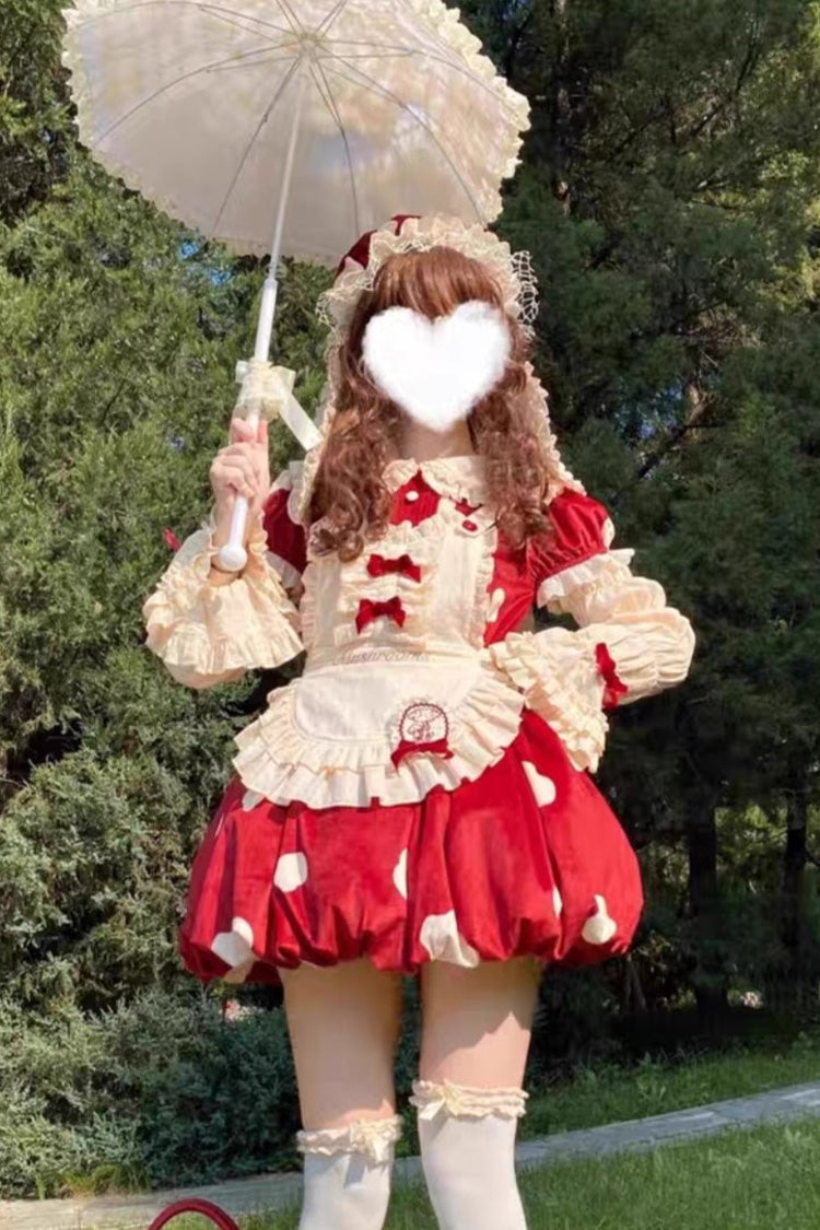 Red Mushrooms Print Short Sleeves Bow Sweet Lolita Jsk Dress