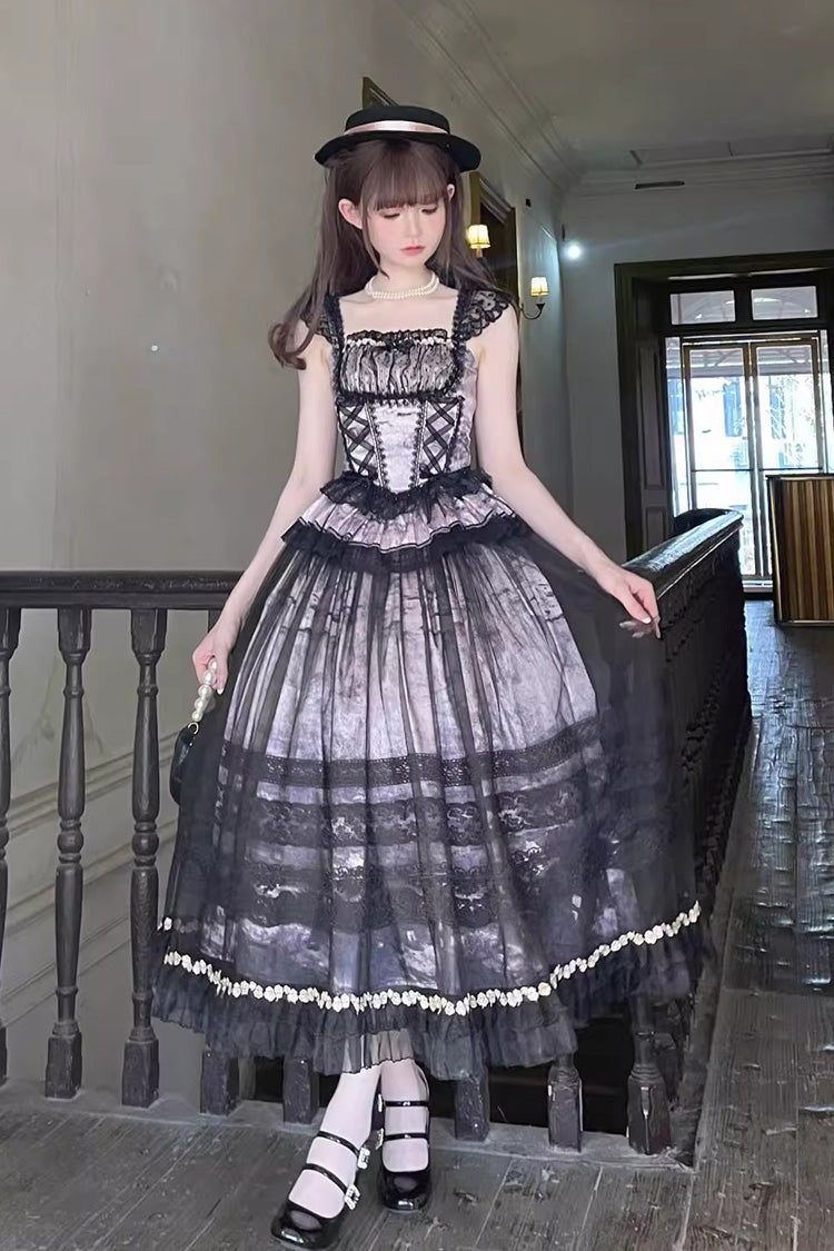 Grey Pink Misty Vineyard Sleeveless Lace-Up Ruffle Bow Sweet Lolita Jumper Skirt Set
