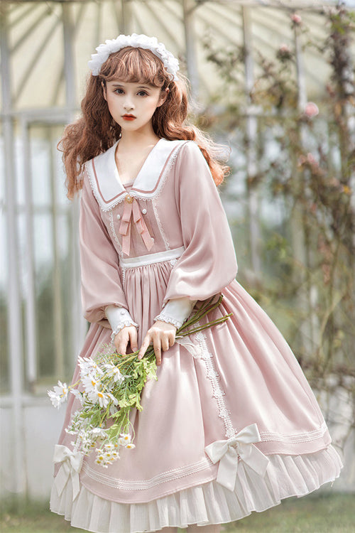 High Waist Sweet Lolita OP Dress with Doll Collar and Lantern Sleeves