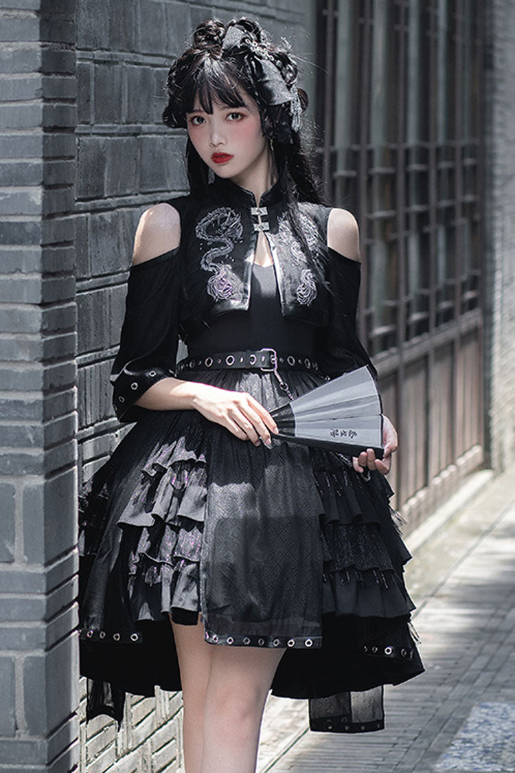 Navy Dragon Print Boatneck Chinese High-Waist Multi-Layer Ruffled Gothic Lolita JSK