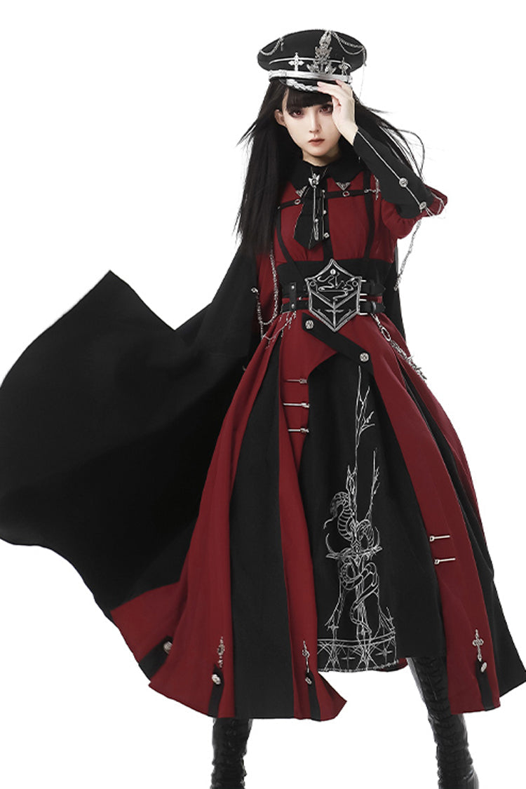 Red Black Metal Chain Print Bow Gothic Military Elegant Lolita Dress