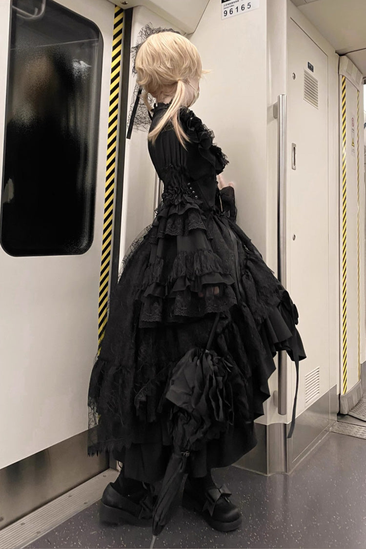 Black Eternal Taboo Long Hime Sleeves Ruffled Bow Gothic Skirt Dress Set