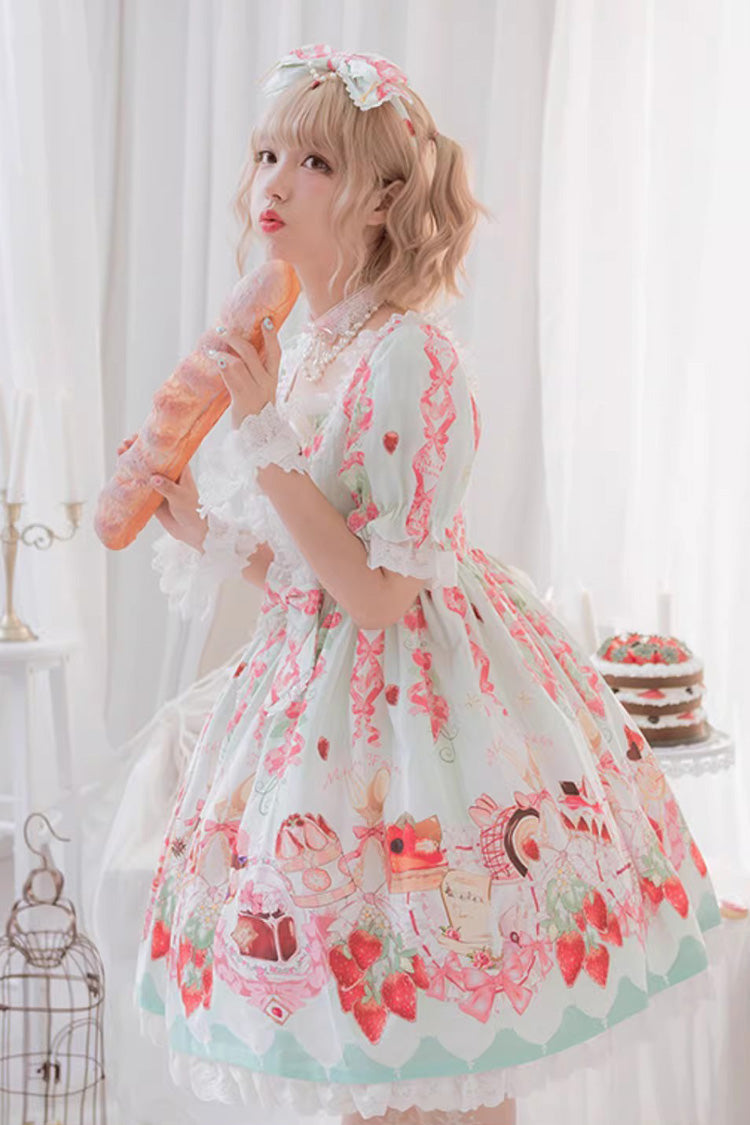 Short-Sleeve Ruffled Bow Sweet Dress with Print - Strawberry Feast