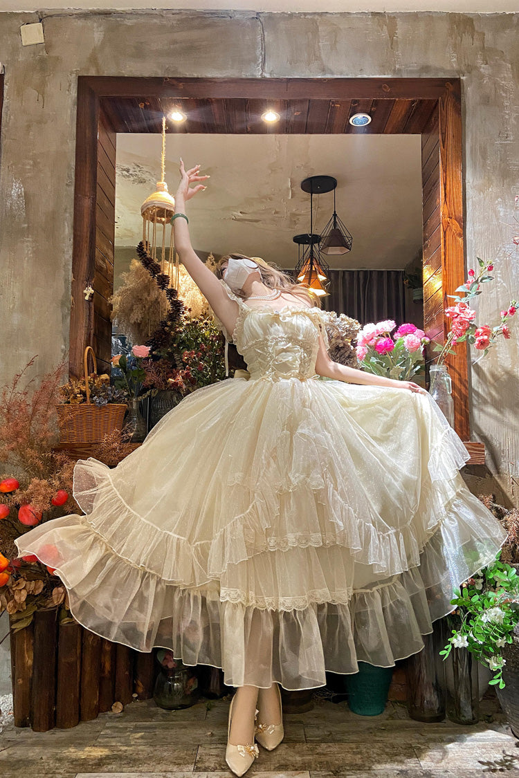 Apricot Sweet Vintage Lolita JSK Dress with Ruffle Cardigan Bowknot Lace and Elegant Style
