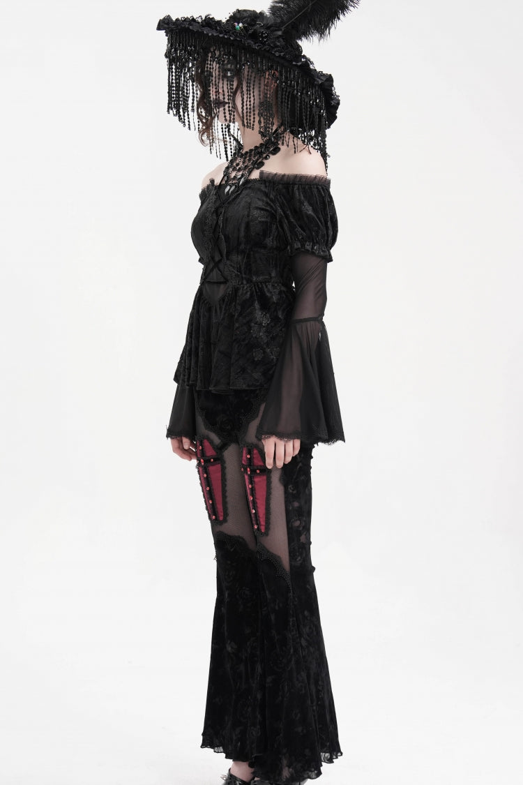 Sheer Black Hollow Lace-Up Mesh Long Sleeve Halter Gothic Blouse