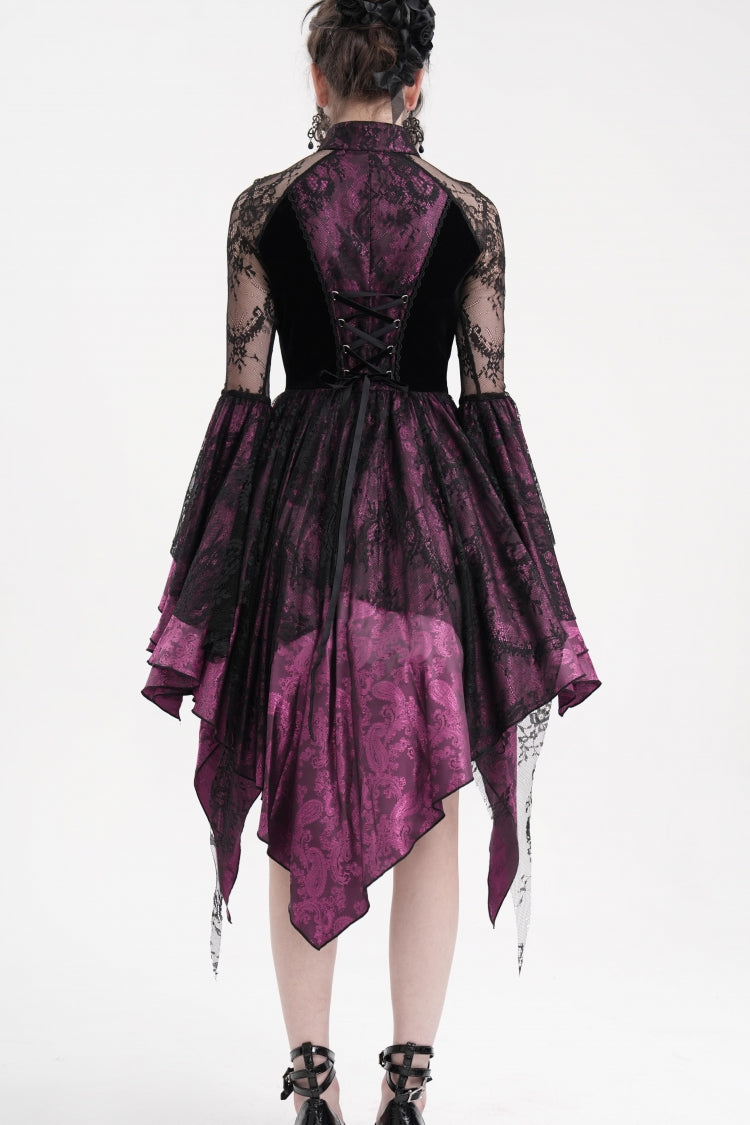 Black Purple Long Sleeves Embroidery Lace Up Irregular Mesh Gothic Dress