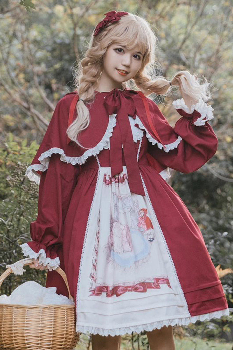 Little Red Riding Hood Red Sleeveless Print Ruffle Bowknot Sweet Princess JSK Dress