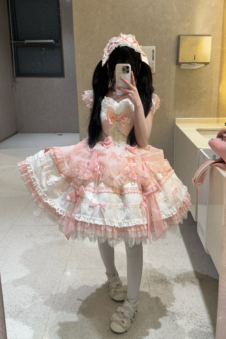 Pale Pink & White Sleeveless Triple-Layer Ruffled Bow Lace Ballet Sweet Lolita JSK