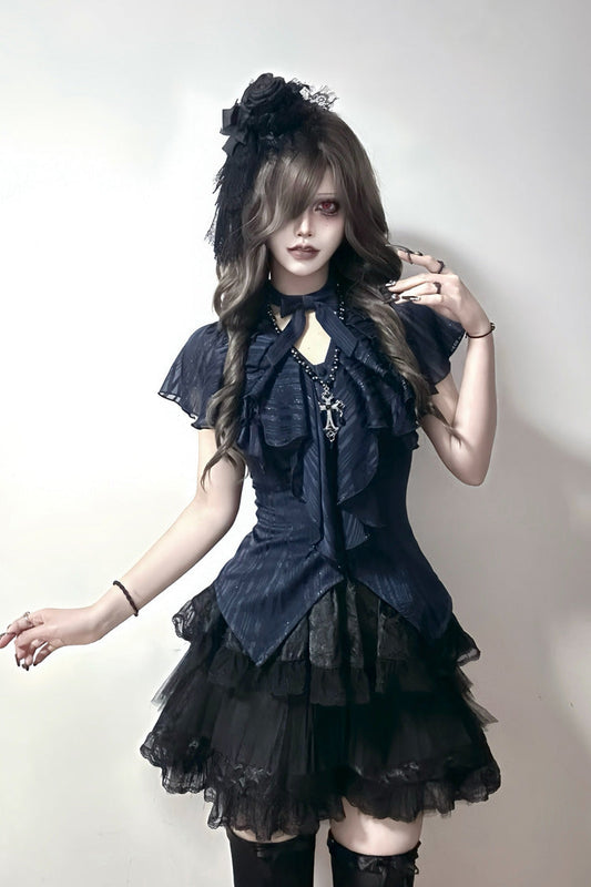 Cobalt Bow-Adorned Gothic Lolita Blouse with Ruffled Details