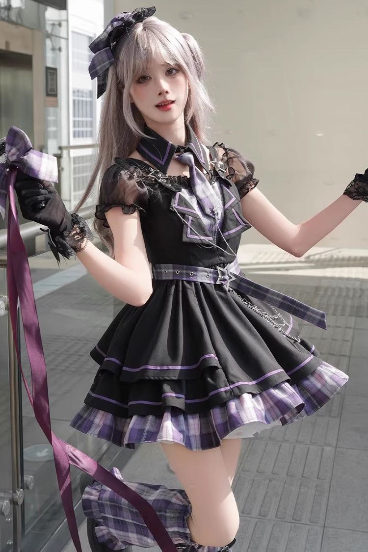 Dark Night Rose Violet Boat Neck Plaid Ruffled Chain-Decorated Gothic Lolita Dress - Dark Night Rose