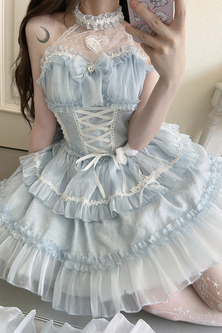 Light Blue Sweet Lolita JSK Halterneck Triple Layered Bowknot Lace