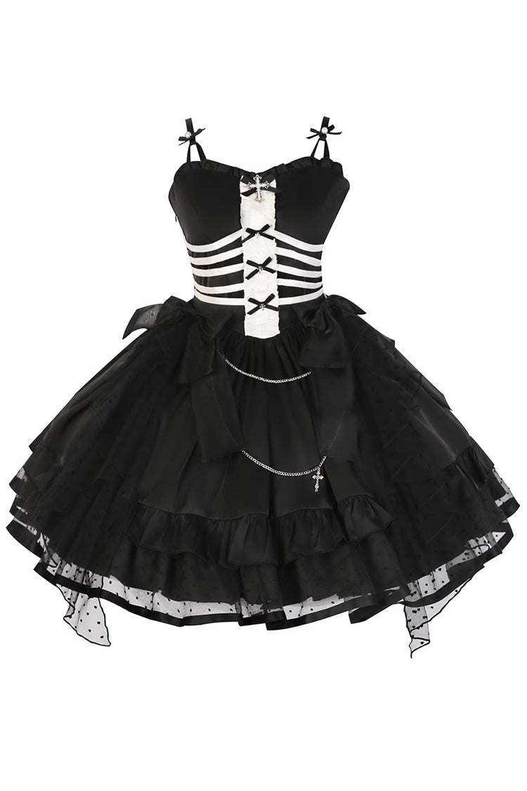 Black Prisoner Illusion Long-Sleeve Multi-Ruffle Bow Gothic Lolita JSK