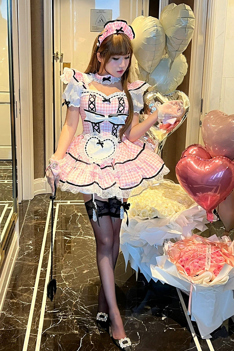 Sweet Lolita Maid Dress with Printed Ruffled Bow and Square Collar - Pink