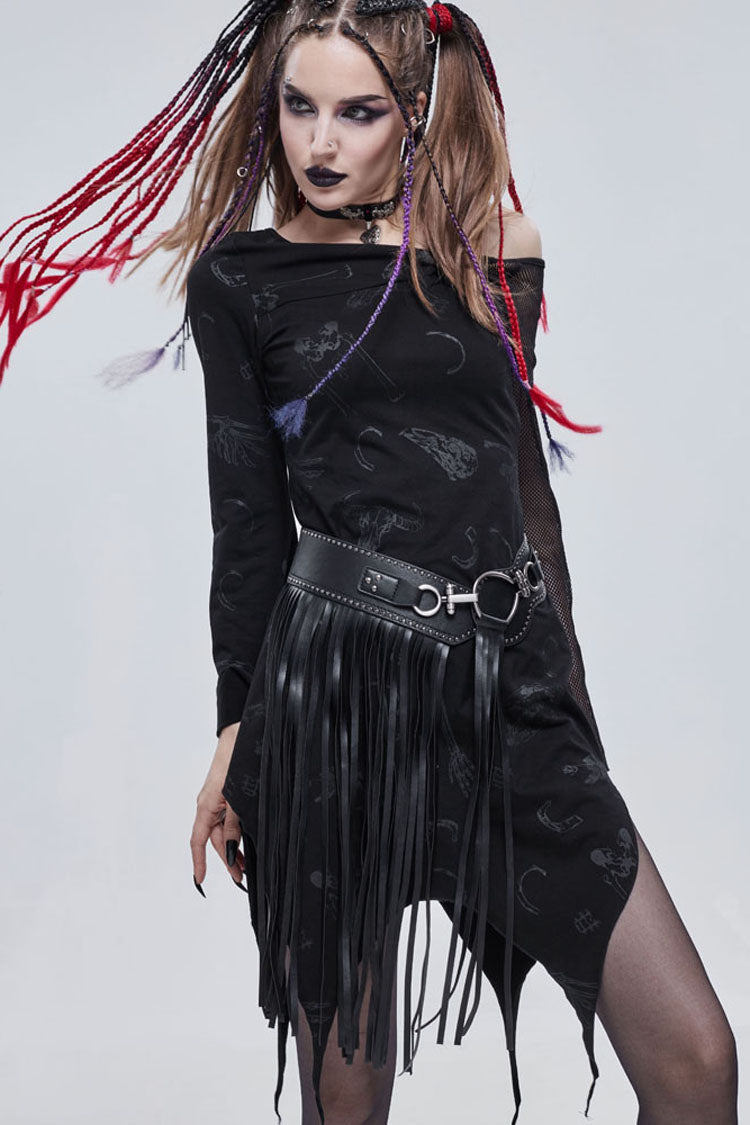 Off-Shoulder Graphic Print Asymmetric Mesh Gothic Dress