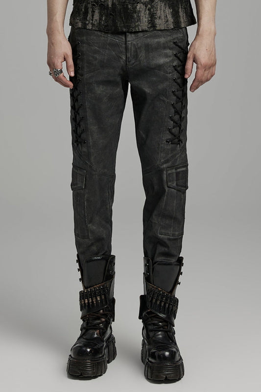 Men's Punk Pants with Big Pockets, Straps, and Black Lace-Up