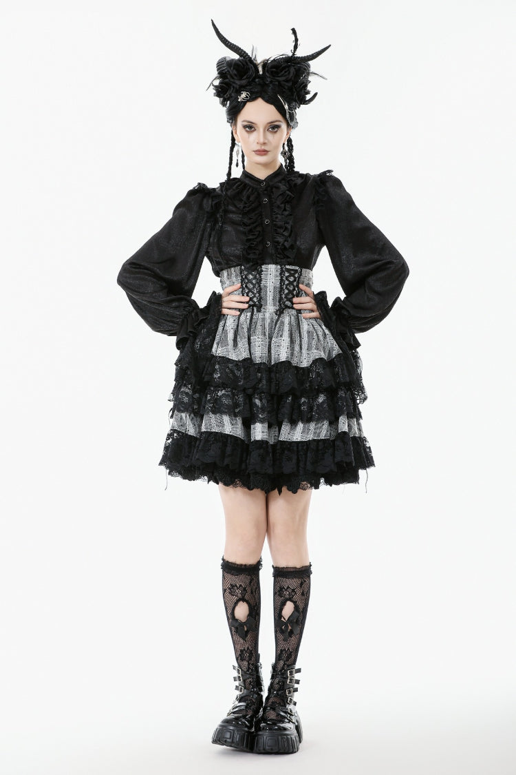 High Waist Lace-Up Ruffled Layered Hem Skirt - Lolita