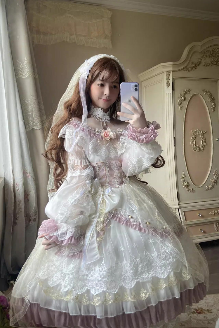 Multi-Color Sweet Lace Dress with Short Sleeves and Bow