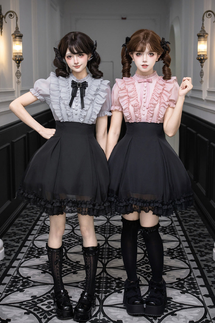 Miss Lola Snow Kiss Stand Collar Short Puff Sleeves Ruffled Color-Blocked Faux Two-Piece Sweet Lolita Dress 3 Colors - Black