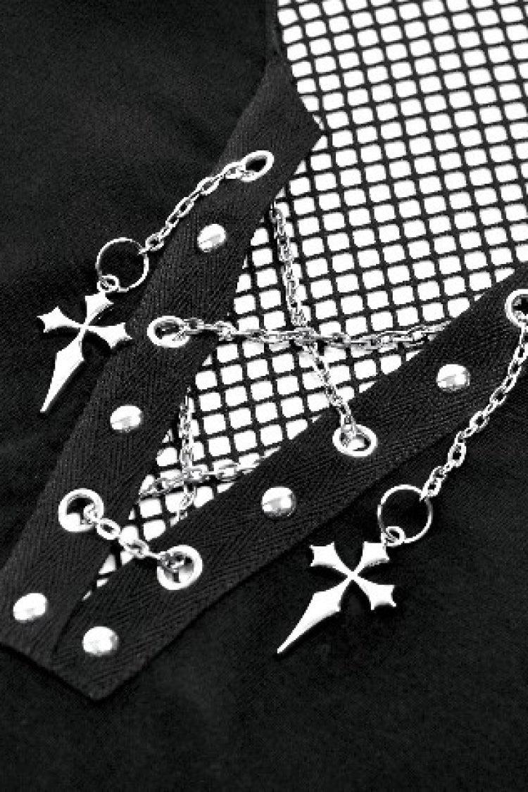 Dark Punk Top with Mesh Cutouts and Chain Embellishments