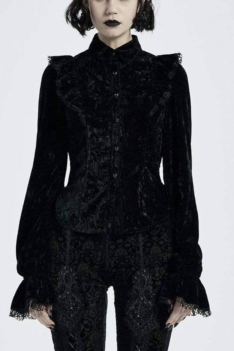 Gothic Velvet Blouse with High Collar, Lace Cuffs, Back Lace-Up, Print