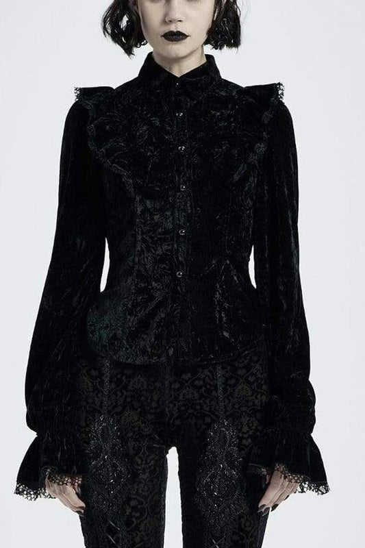 Gothic Velvet Blouse with High Collar, Lace Cuffs, Back Lace-Up, Print