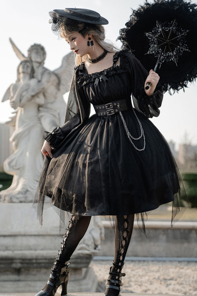 Black Square Collar Gothic Lolita OP Dress Metal Chain Organza Stitching - Altfashion Shop