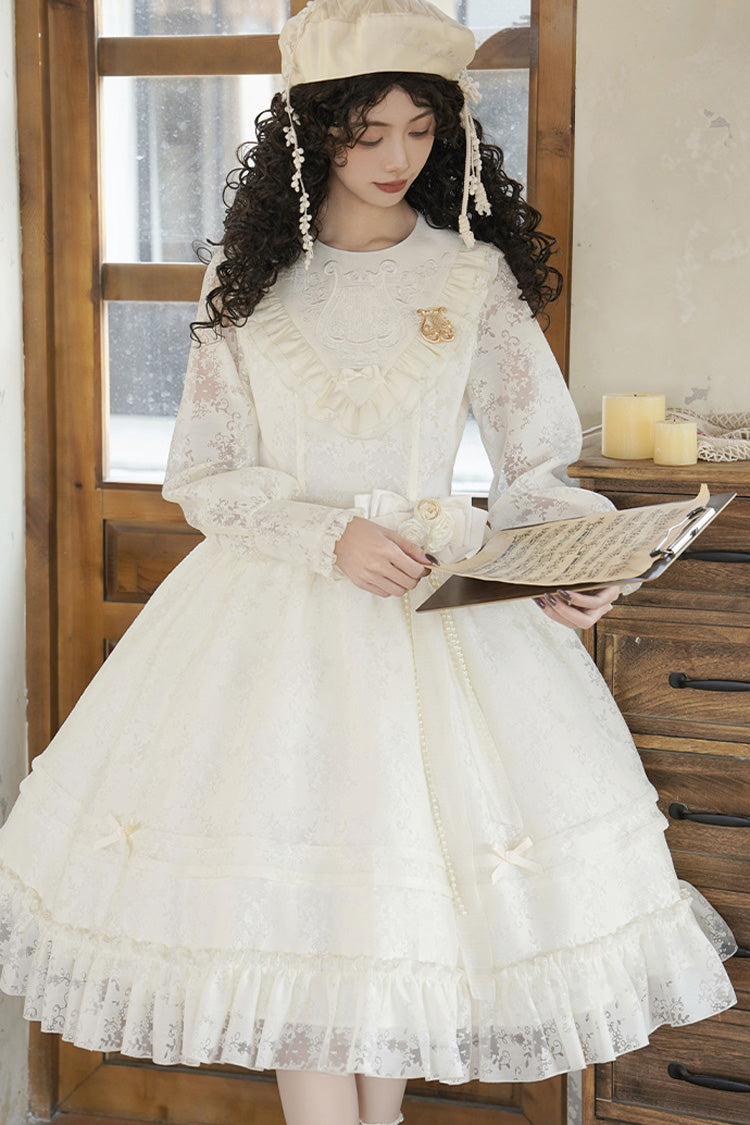 Cream Flower Sound Long Sleeve Frilled Cardigan Bow Lace Sweet Lolita Dress