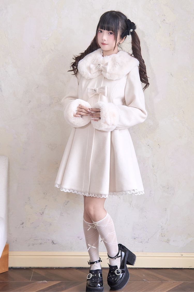 Plush Collar Waist-Cinched Long Sleeve Bow Lace Coat - Lolita Outerwear