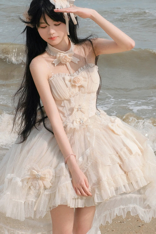 Ivory Galaxy-Printed Sweet Tube Top Dress with Ruffles