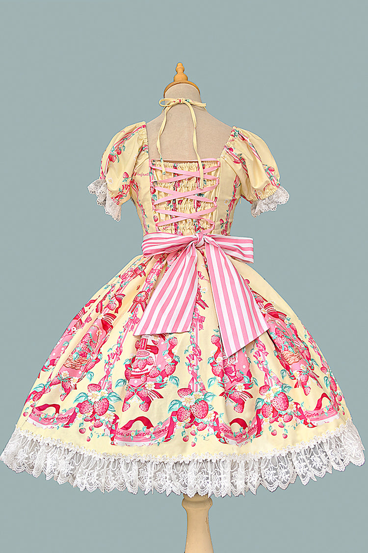 Printed Bowknot Lace Sweet Dress with Short Sleeves - Strawberry Chef