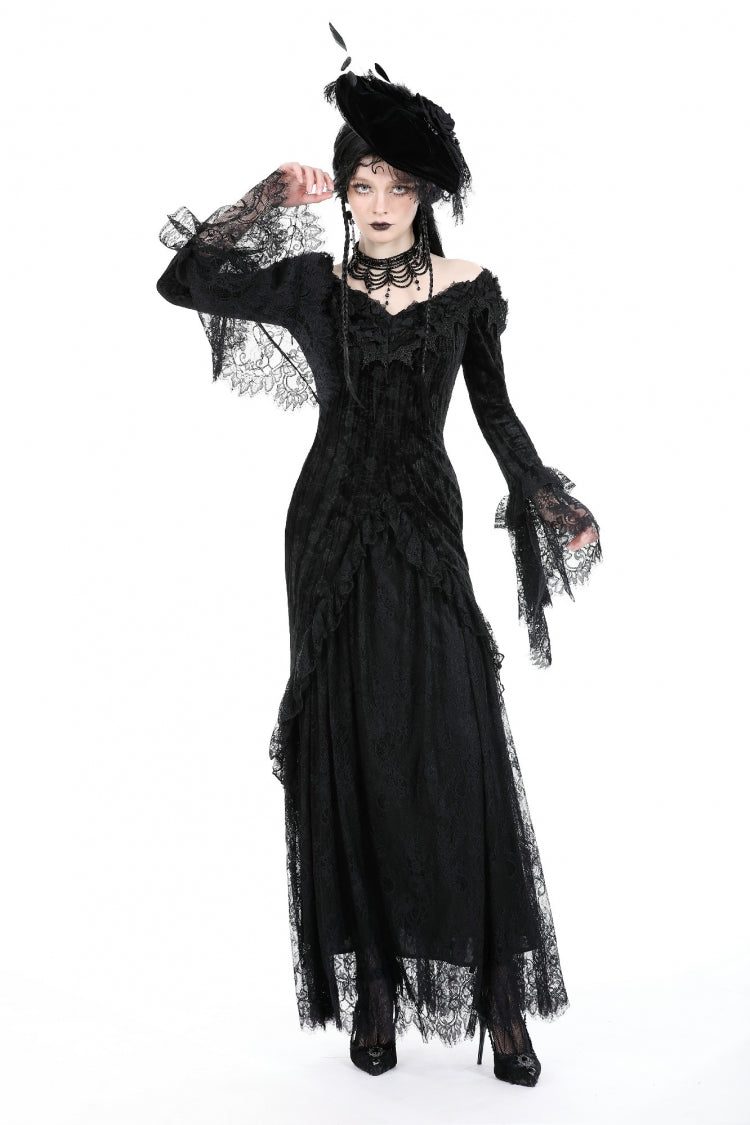 Off Shoulder Lace Long Trumpet Sleeves Lace-Up Gothic Bodycon Dress