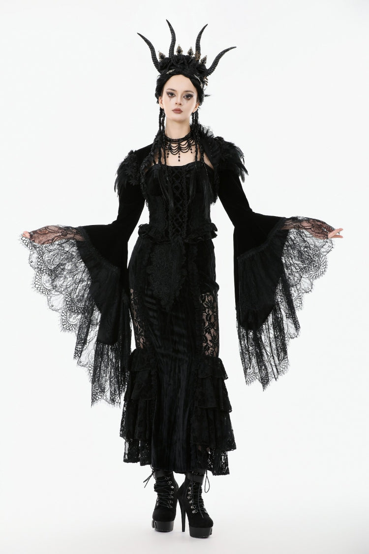 Spliced Velvet Long Flared Sleeve Floral Feather Gothic Cape for Women Lace