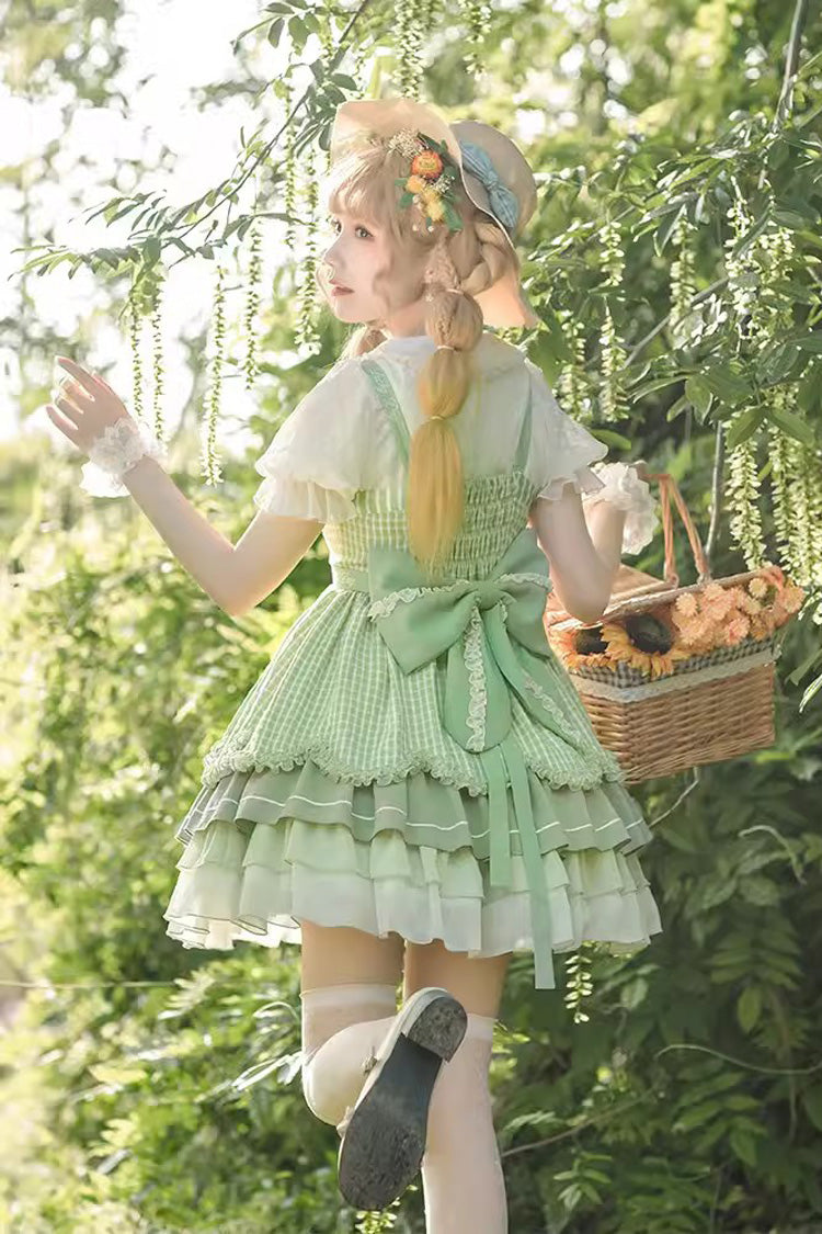 Emerald Country-Style Ruffle Bow Sweet Lolita JSK with Apron