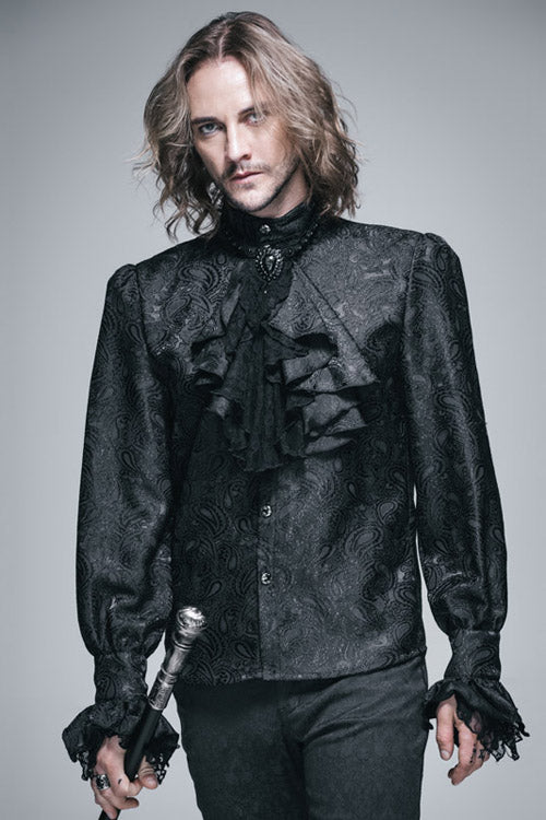 Gothic Blouse with Rose Print and Lace Cuffs for Men