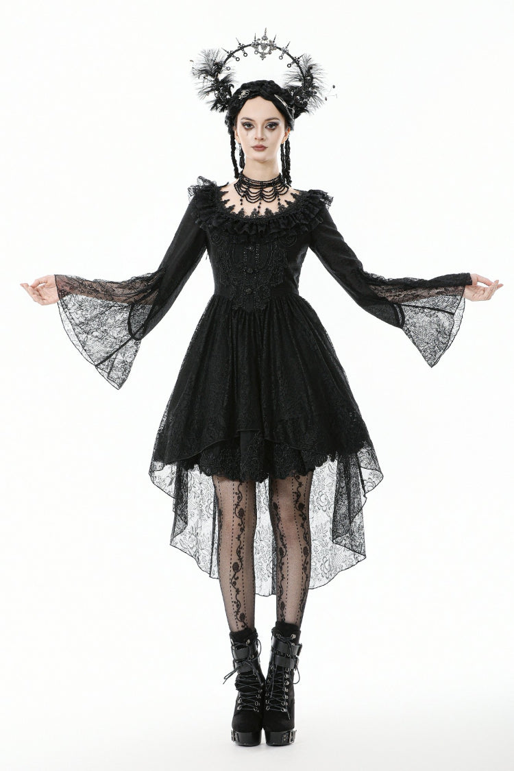 Gothic Black Lace Boat-Neck Trumpet-Sleeve High-Low Hem Elegant Long Gown