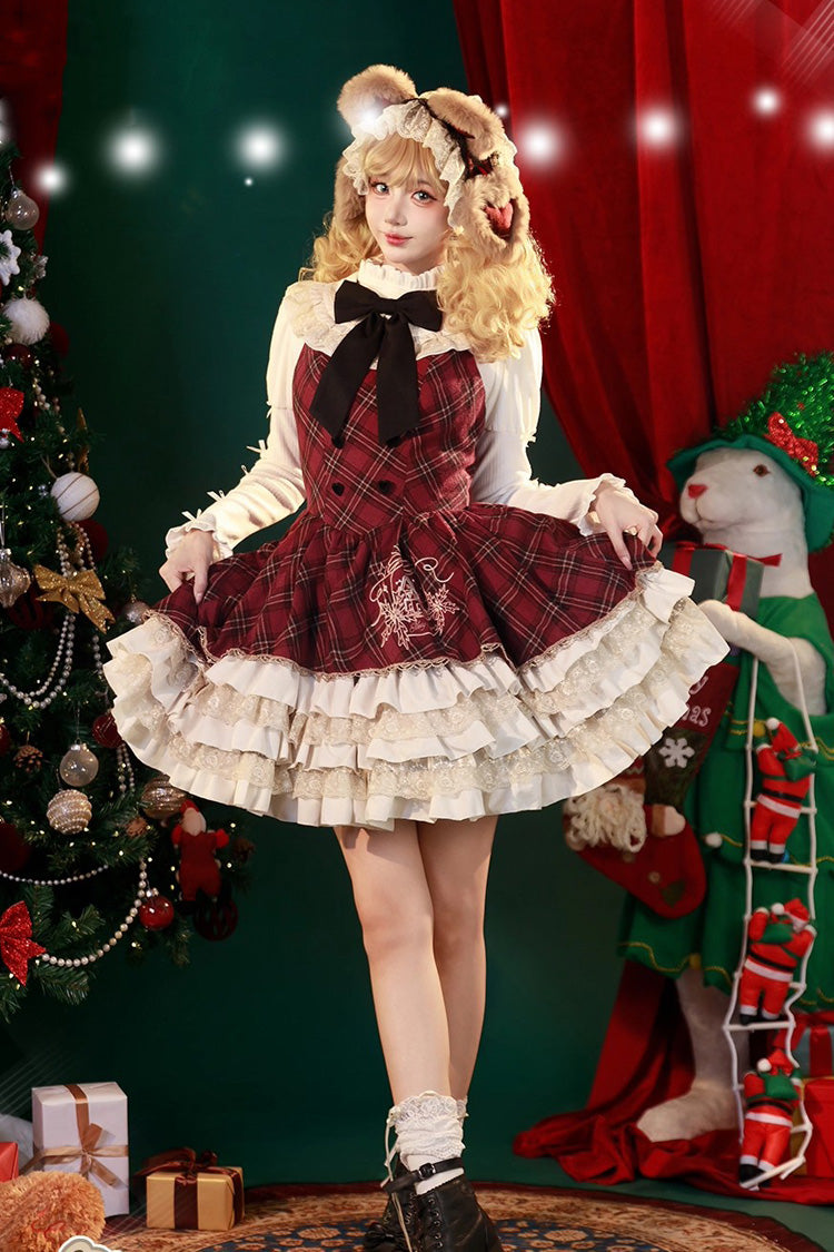 Multi-Layered Christmas Plaid Print Ruffle Sweet Lolita Jsk Cloak Red