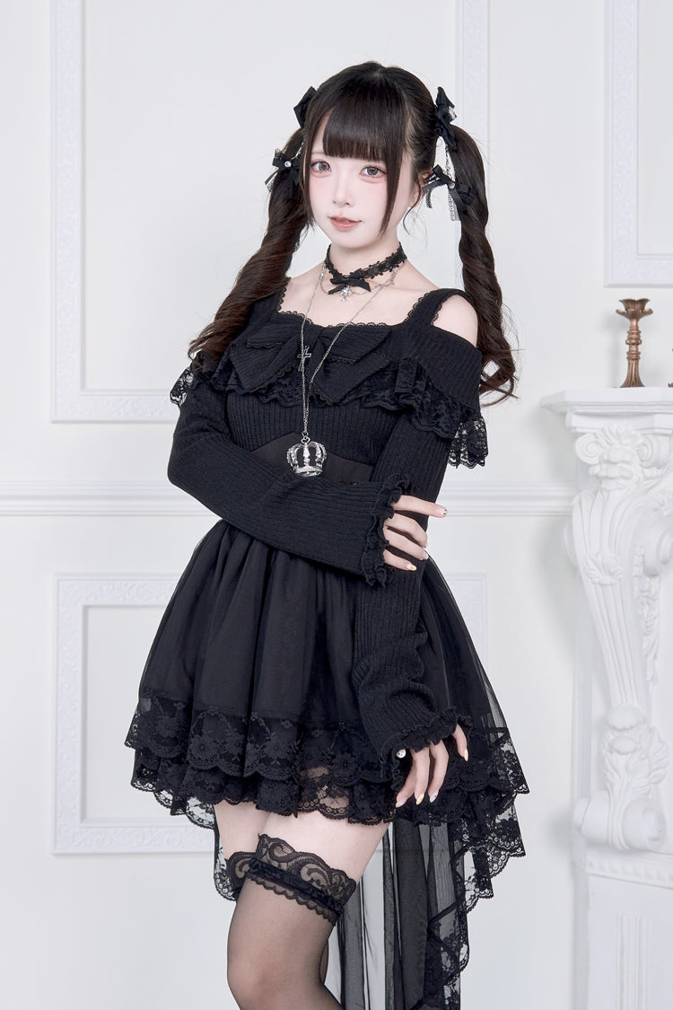 Faux Two Piece Off Shoulder Ruffle Bowknot Lace Gothic Jirai Dress in Two Shades