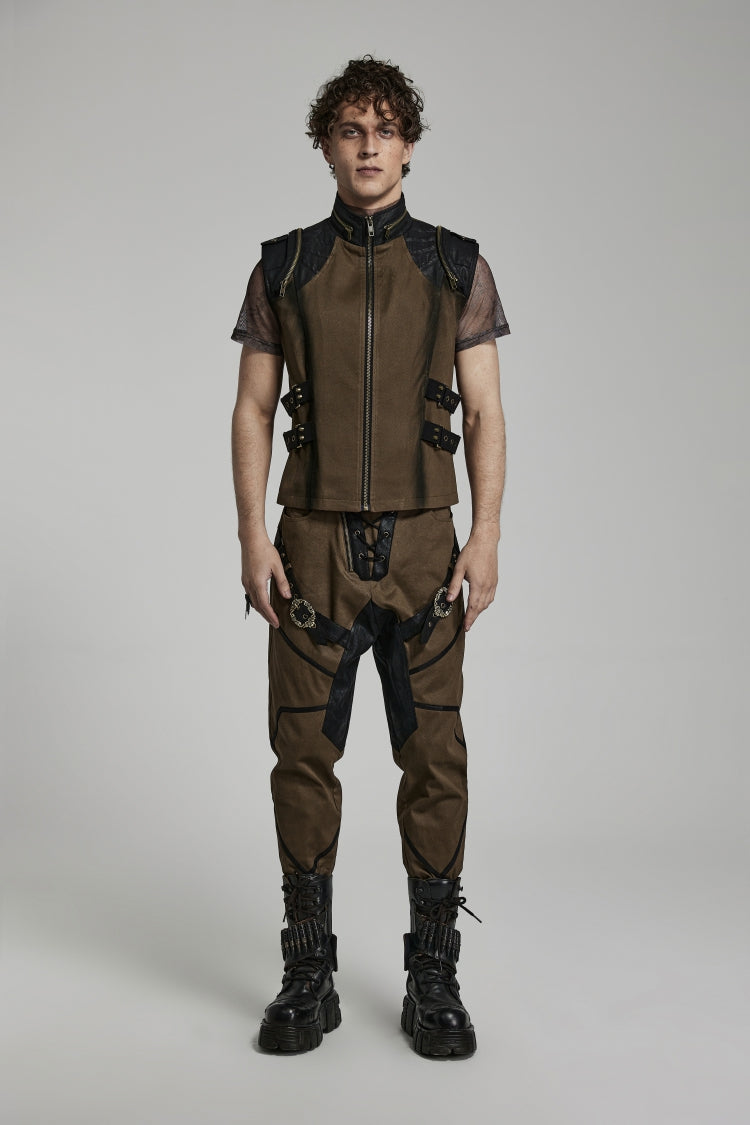 Cocoa Stand Collar Steampunk Vest with Side Webbing and Stitching