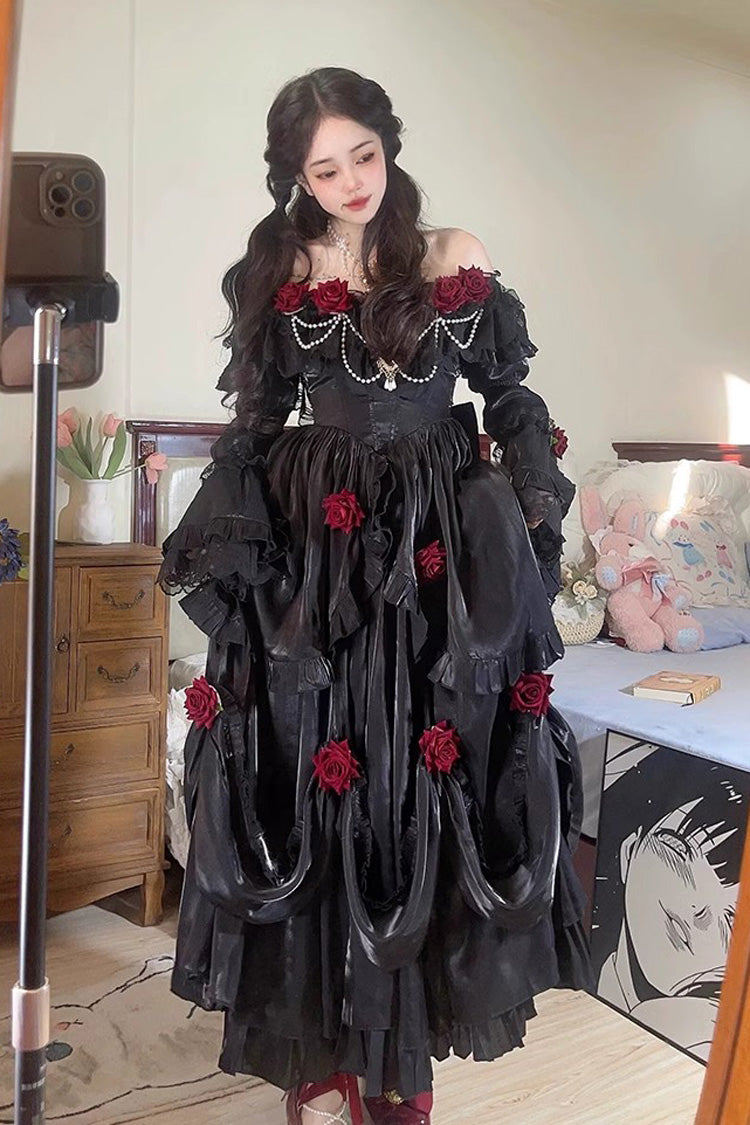 Black Rose-Printed Gothic Strapless Dress with Long Sleeves