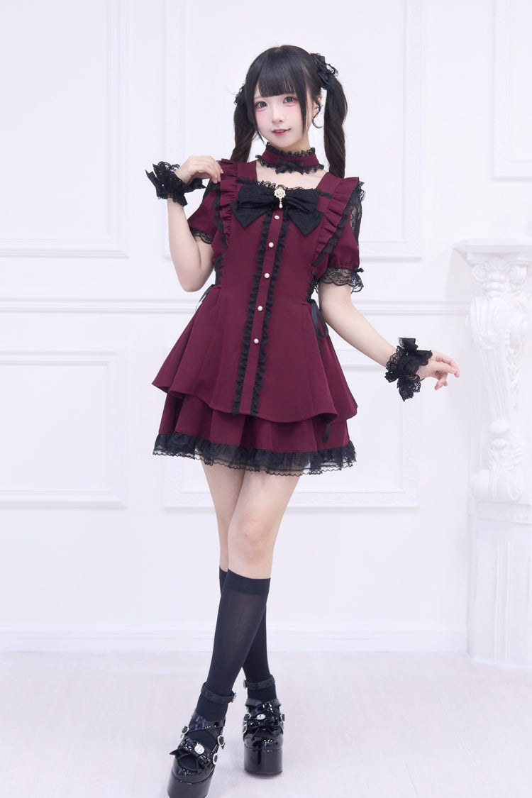 Crimson Waltz Ruffled Bow Gothic Jirai Dress Ensemble
