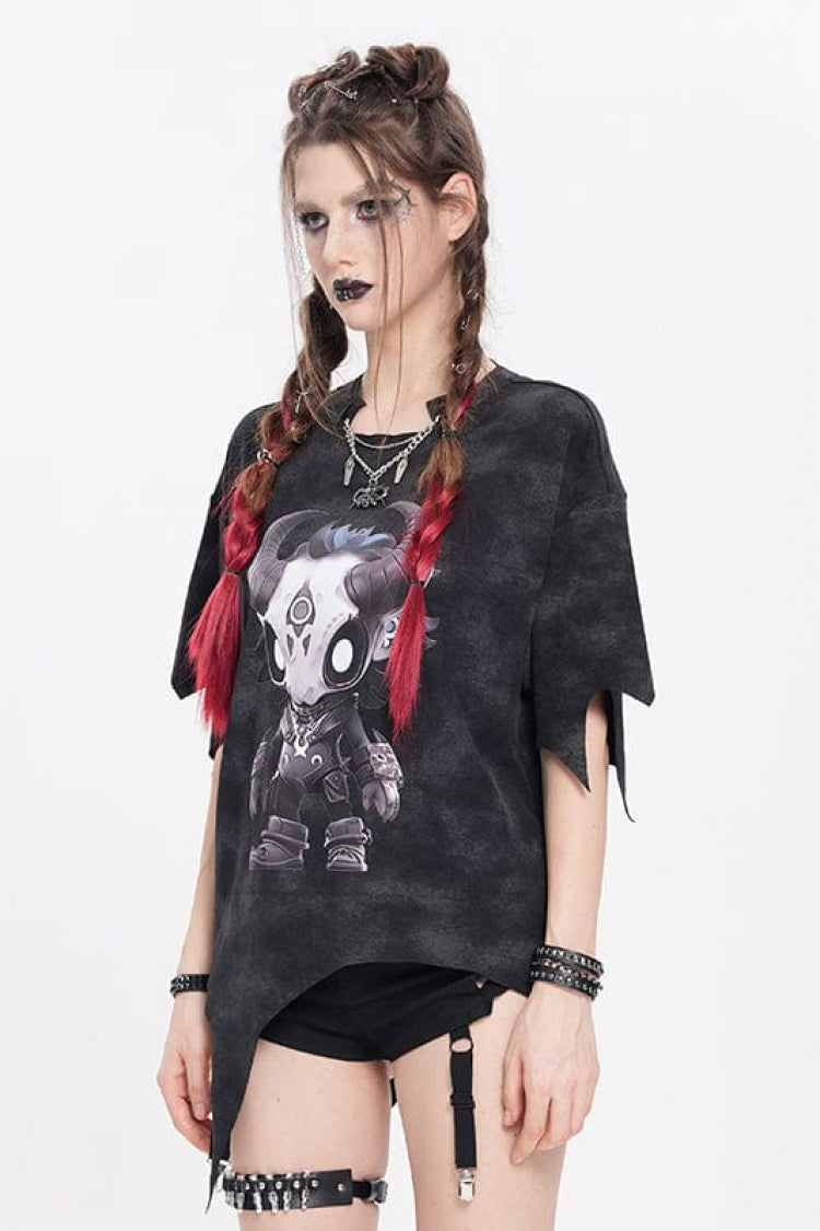 Irregular Print Punk Tee with Artistic Graphics for Women