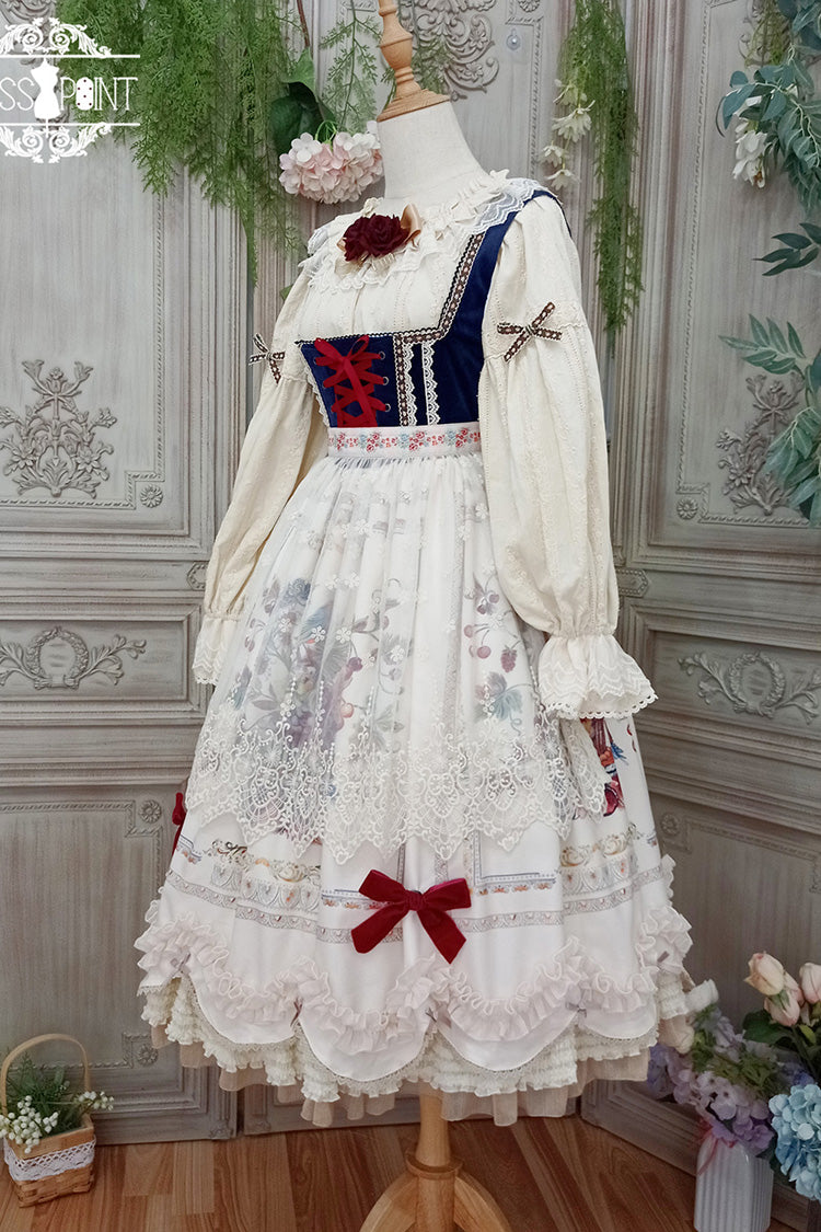 Cream Ode to Plenty Berry Bird Print Velvet Bow Frilled Classic Lolita Corset JSK Dress