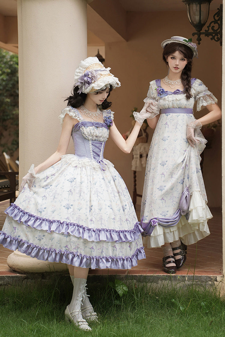 Double-Layer Print Ruffle Bow Lace-Up Fake Two Piece Sweet Lolita Jumper Dress - Purple Ivory