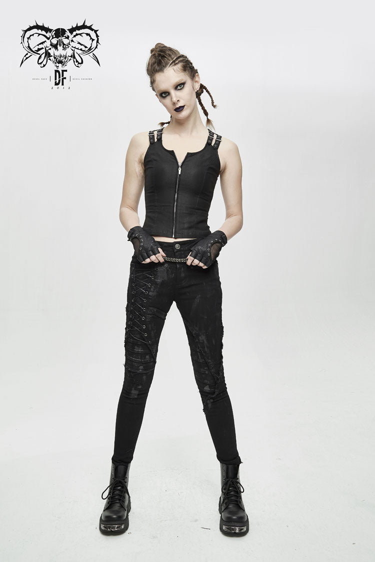 Double Loops Front Backless Punk Waistcoat for Women Lace-Up