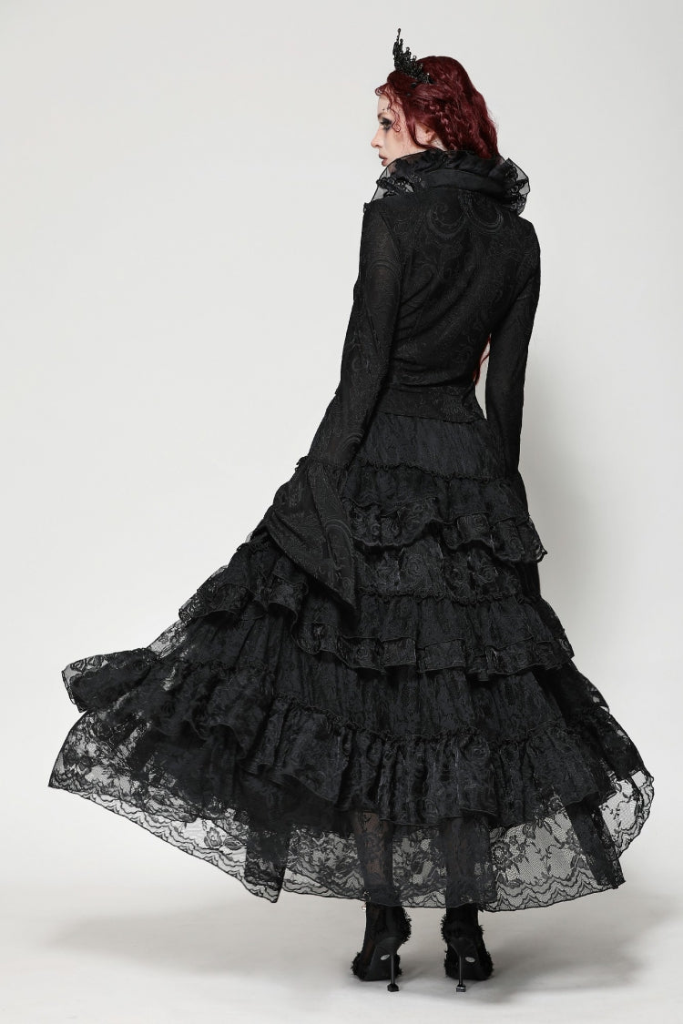 Ruffled V Stand Collar Long Flared Sleeve Jacquard Gothic Blouse for Women Lace