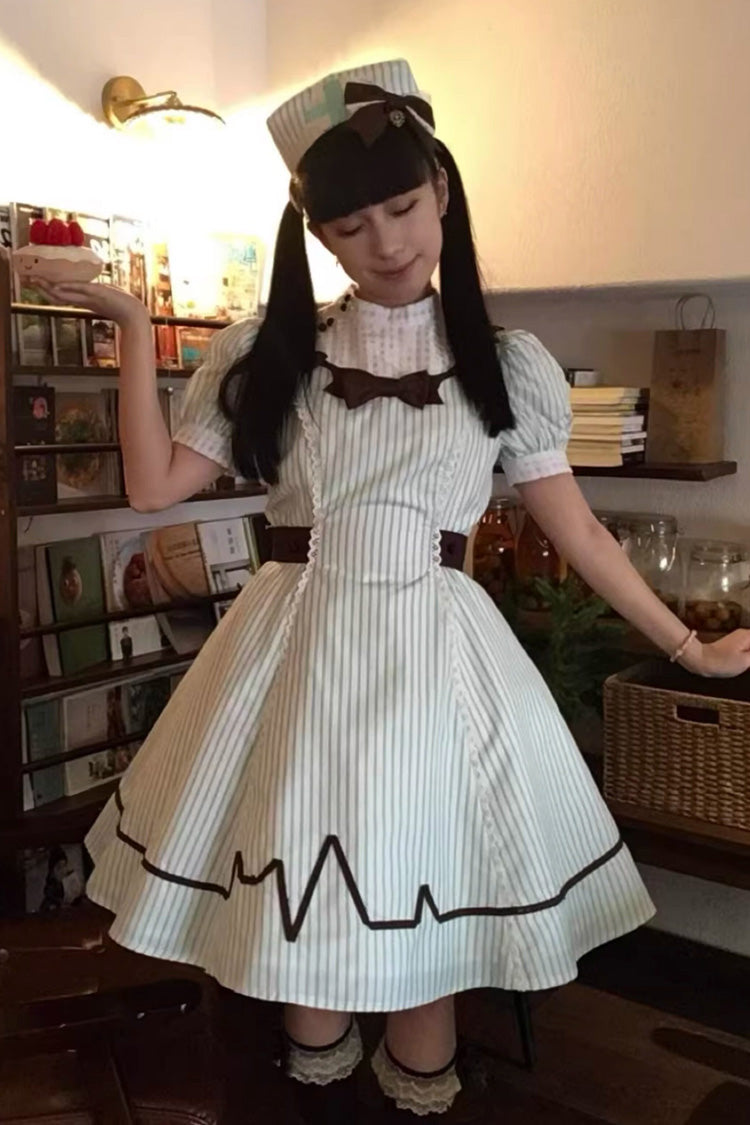 Green Striped Bow Nurse Lolita Stand-Collar