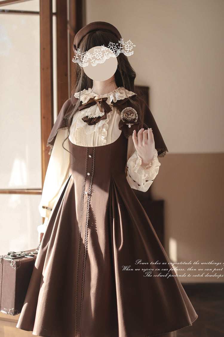 Fake Two Piece Vintage Ruffle Bowknot Lolita Dress Brown White